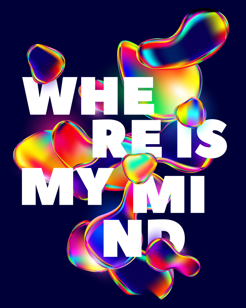 A bright image of surreal holographic shapes with bold text