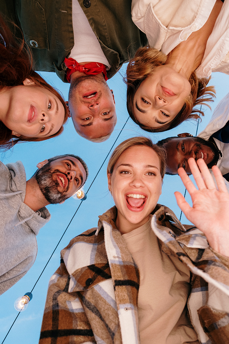 group selfie from a low angle