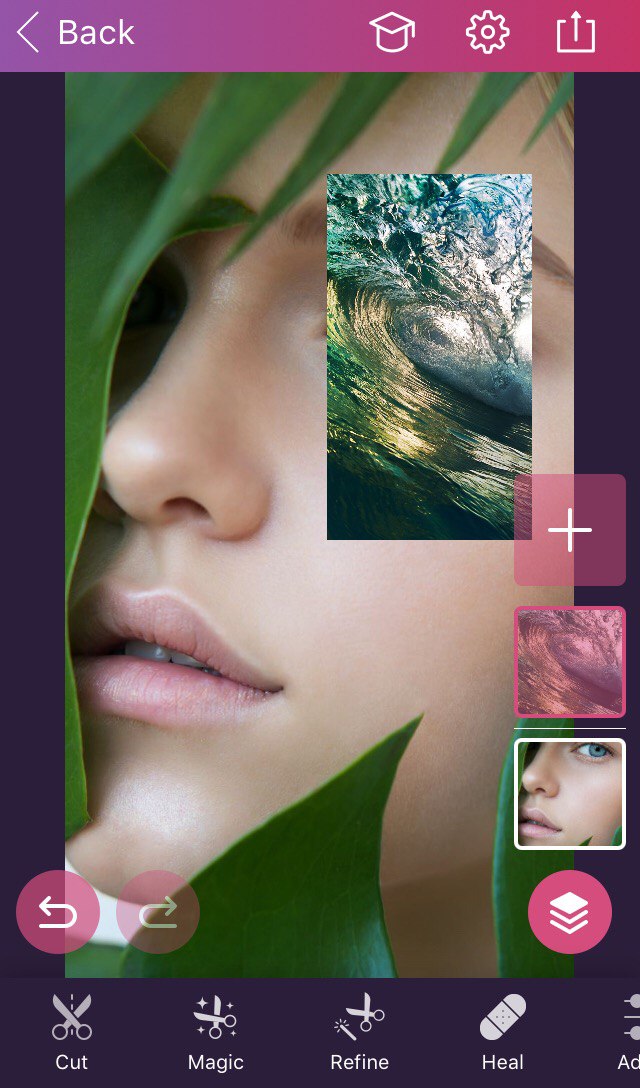an ocean layer is added to the photo in the area of a girl's eye for future edits