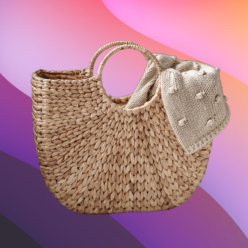 a promo image for social media with bag on purple gradient background